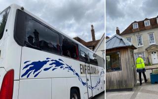 An Enfieldian Tours coach hit the traffic hut outside Salisbury Cathedral